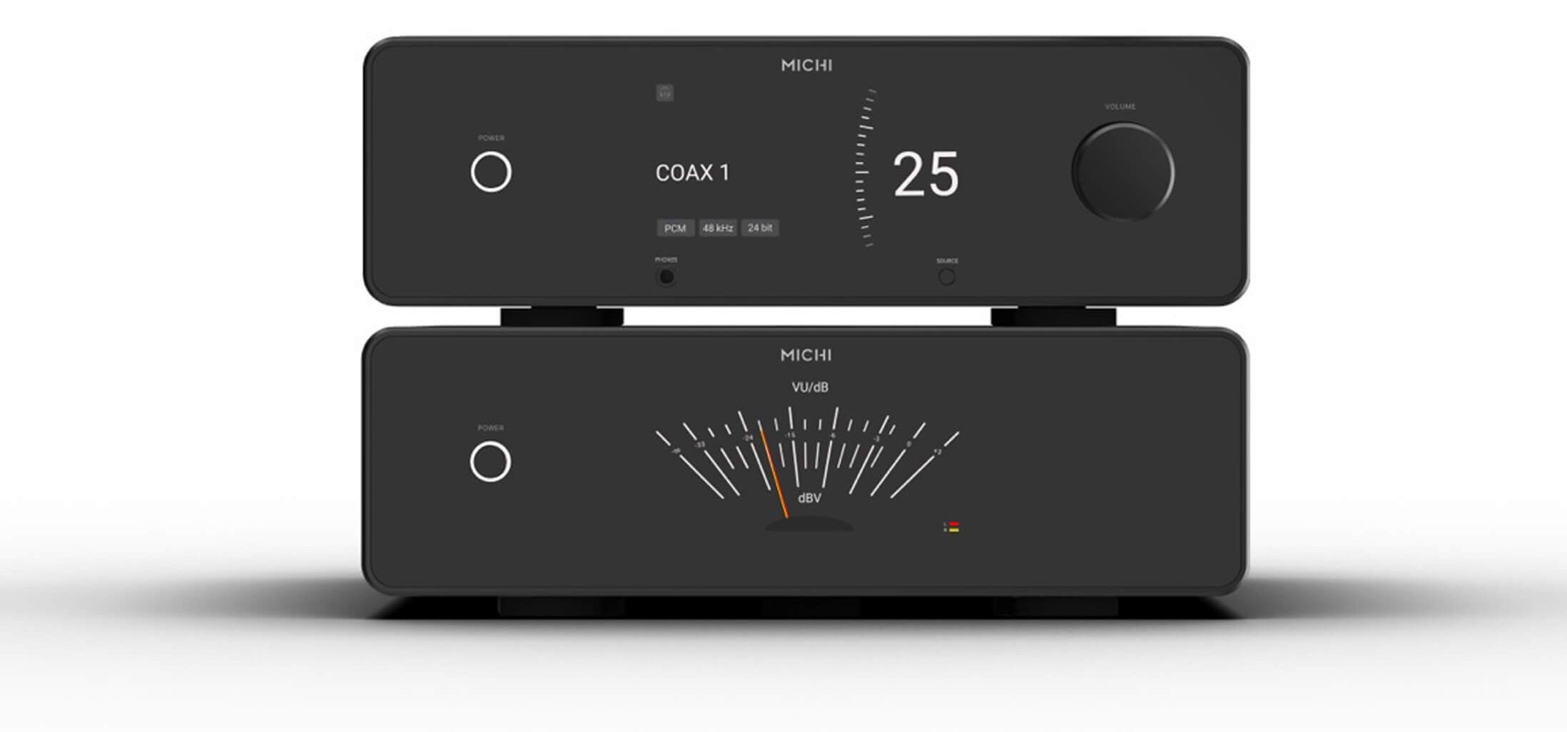 Préamplificateur Michi Prestige P430 posé sur l'amplificateur de puissance S430, façades noires avec écran TFT affichant COAX 1, volume 25 et vumètre VU/dB