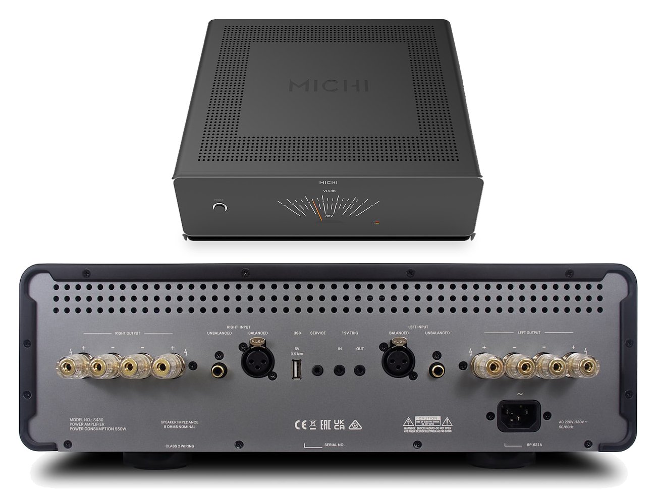 Amplificateur de puissance Michi Prestige S430 vu de face avec capot ajouré et vumètre TFT, et panneau arrière avec entrées XLR et RCA et doubles borniers dorés pour bi-câblage