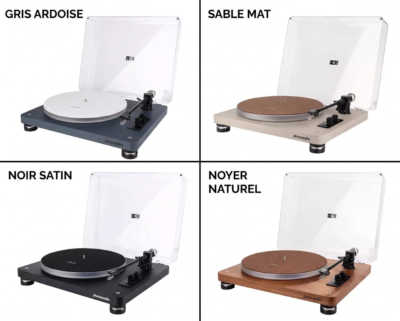 Planche comparative des quatre finitions de la platine vinyle Phaze Audio Celine : gris ardoise avec couvre-plateau blanc, sable mat et noyer naturel avec feutre brun, noir satin avec feutre noir, capot transparent ouvert et bras carbone noir