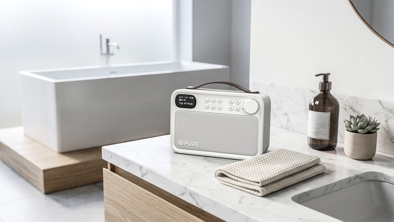 Radio portable Pure Bloom coloris Sable posée sur un plan de vasque en marbre dans une salle de bain, avec écran couleur affichant une station DAB+, touches de présélection, commandes Bluetooth et poignée en cuir