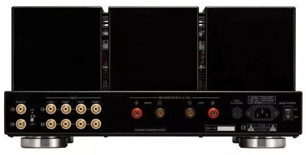 Panneau arrière de l'amplificateur à tubes Triode EVOLUTION avec entrée MAIN IN et son sélecteur, quatre entrées ligne RCA, borniers haut-parleurs 4-8 ohms, porte-fusible, embase secteur et interrupteur principal