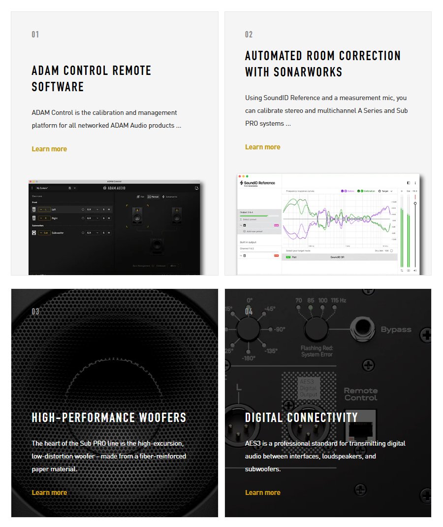 Mosaïque officielle ADAM Audio : interface du logiciel ADAM Control avec deux moniteurs et un caisson, courbes SoundID Reference de Sonarworks, woofer du Sub PRO et panneau arrière avec entrée AES3 et port réseau