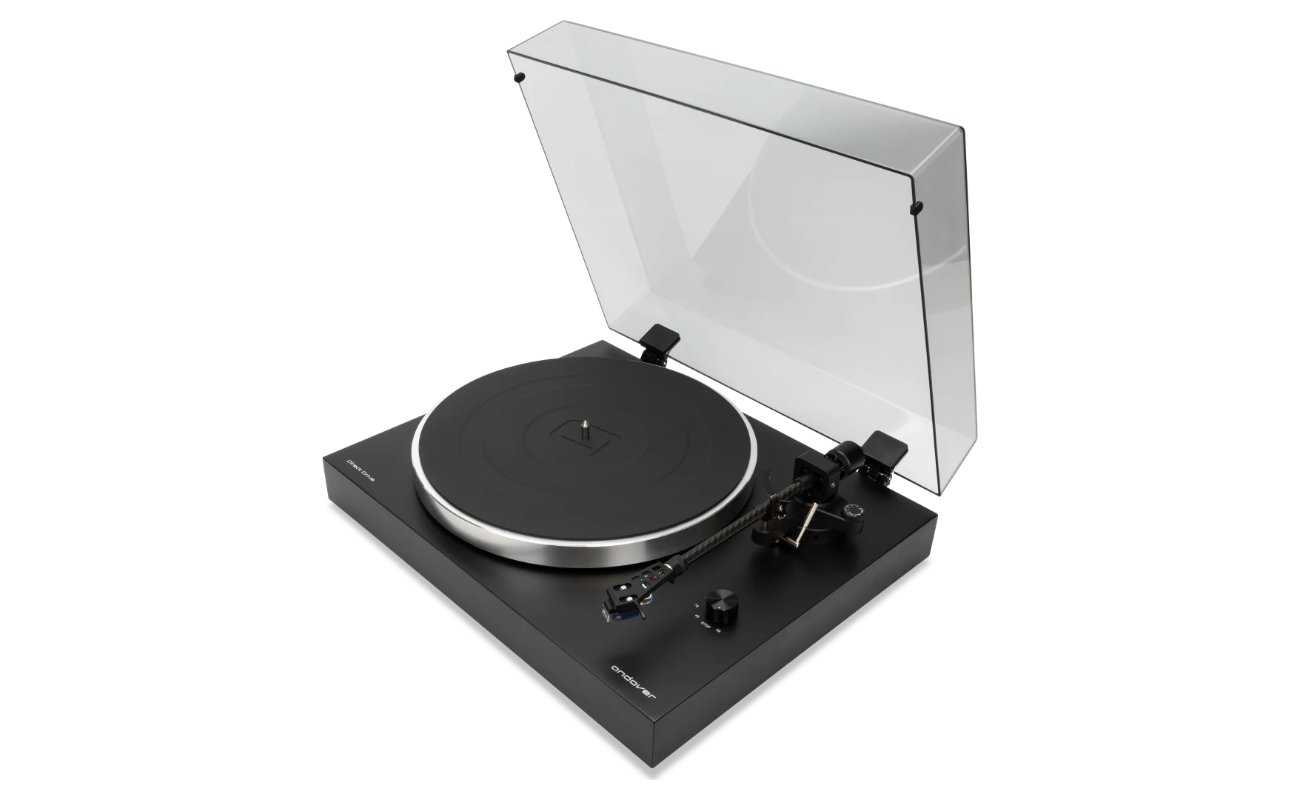 Platine vinyle Andover Audio Andover-One DD à entraînement direct, plinthe MDF noir mat, plateau aluminium, bras droit carbone avec cellule Audio-Technica AT-VM520xEB et capot relevé