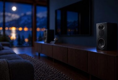 Paire d'enceintes Arendal 1610 en finition Black Edition noire posées sur un meuble TV dans un salon, tweeter à guide d'ondes et woofer visibles