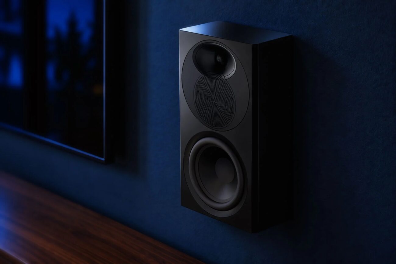 Enceinte Arendal 1610 Slim 8 en finition Black Edition fixée au mur à côté d'un téléviseur