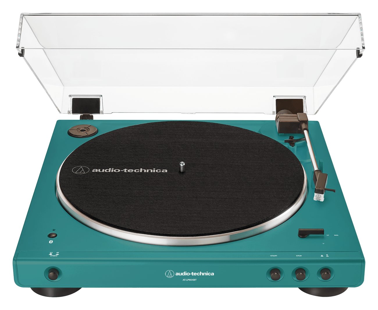 Platine vinyle Audio-Technica AT-LP60XBT en coloris bleu canard vue de face, capot anti-poussière ouvert, plateau avec feutrine, bras automatique, boutons Start et Stop et bouton Bluetooth en façade