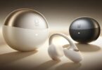 Écouteur open-ear à clip Baseus MC2 NC beige avec arceau en C et bague dorée, posé devant ses boîtiers de charge sphériques beige champagne et noir avec indicateur lumineux