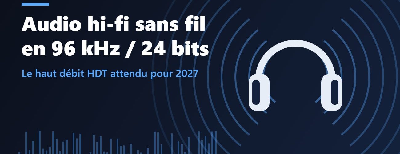 Illustration : casque audio entouré d'ondes sonores, audio hi-fi sans fil en 96 kHz / 24 bits grâce au haut débit Bluetooth HDT attendu pour 2027