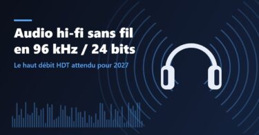 Illustration : casque audio entouré d'ondes sonores, audio hi-fi sans fil en 96 kHz / 24 bits grâce au haut débit Bluetooth HDT attendu pour 2027