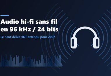 Illustration : casque audio entouré d'ondes sonores, audio hi-fi sans fil en 96 kHz / 24 bits grâce au haut débit Bluetooth HDT attendu pour 2027