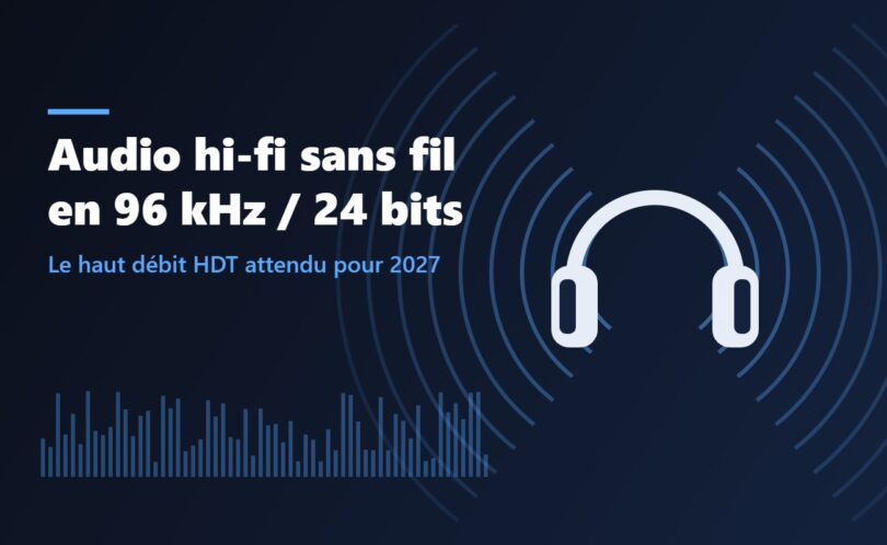 Illustration : casque audio entouré d'ondes sonores, audio hi-fi sans fil en 96 kHz / 24 bits grâce au haut débit Bluetooth HDT attendu pour 2027