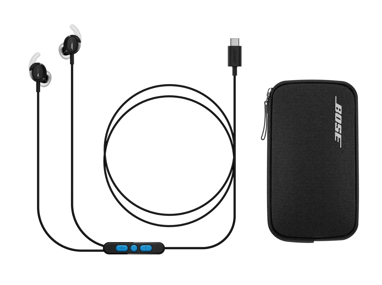 Contenu de la boîte des Bose Noise Cancelling Wired Earbuds : écouteurs noirs, câble d'environ 1,3 m avec télécommande trois boutons, connecteur USB-C et étui de transport zippé Bose