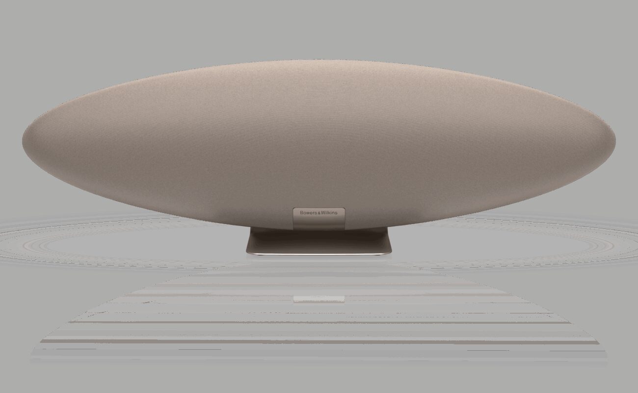 Enceinte sans fil Bowers & Wilkins Zeppelin Pro Edition finition claire vue de face sur son pied