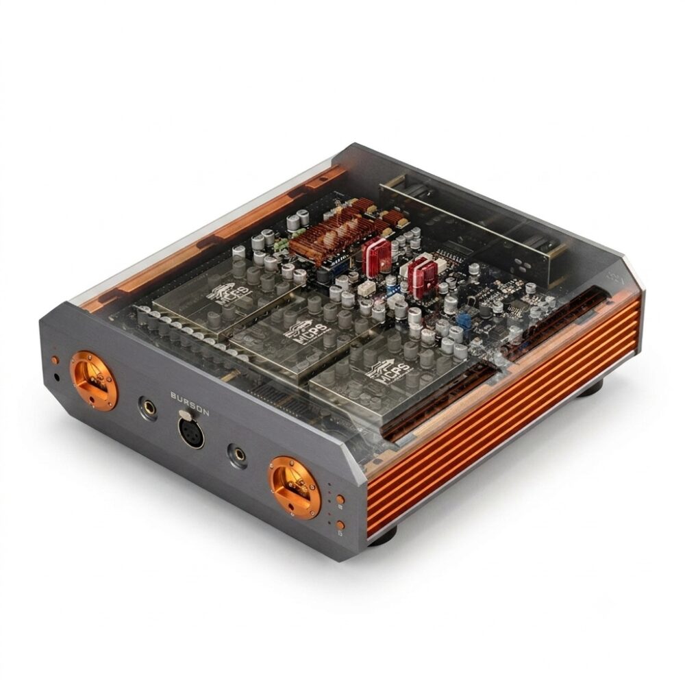 Ampli casque Burson Soloist Prime avec capot rendu transparent montrant ses cartes superposées et ses modules enfichables à dissipateurs cuivrés