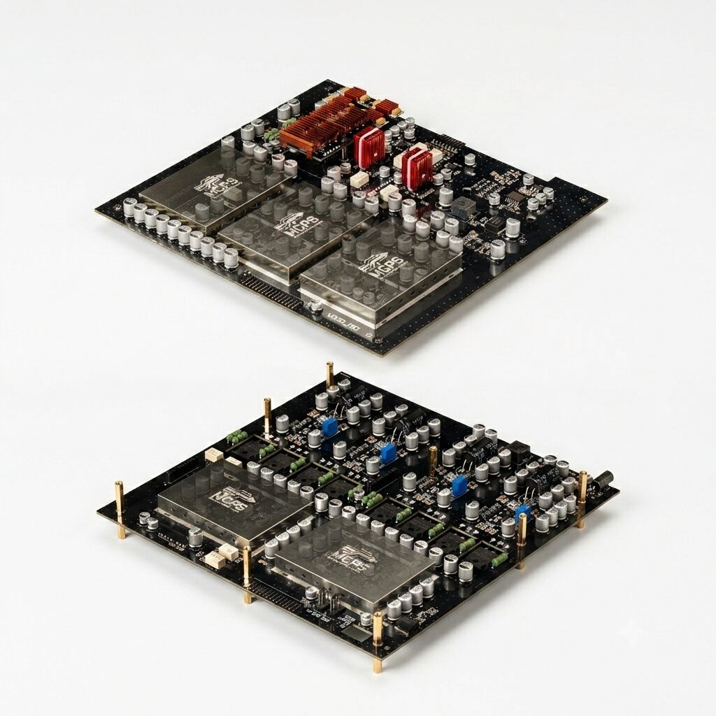 Les deux cartes électroniques du Burson Soloist Prime sorties du châssis, avec transistors, condensateurs, modules d'alimentation et dissipateurs