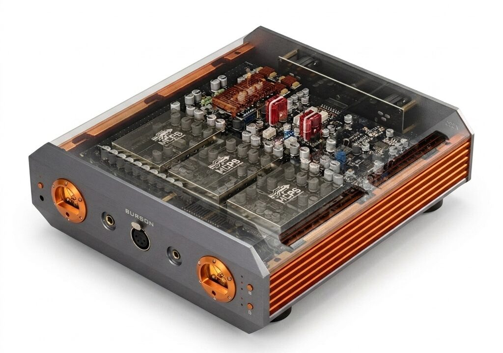 Vue intérieure du Burson Soloist Prime à travers un capot transparent : cartes d'amplification double mono, modules d'alimentation et dissipateurs cuivrés