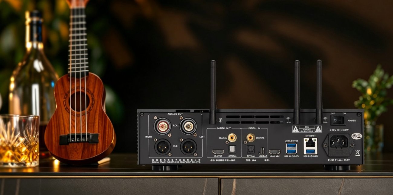 Panneau arrière du Cayin iD6 noir posé sur un meuble : sorties analogiques RCA et XLR, sorties numériques IIS-LVDS, coaxiale et optique, entrées coaxiale, optique et USB DAC, HDMI ARC, ports USB 3.0, Ethernet, interrupteur, prise secteur et trois antennes