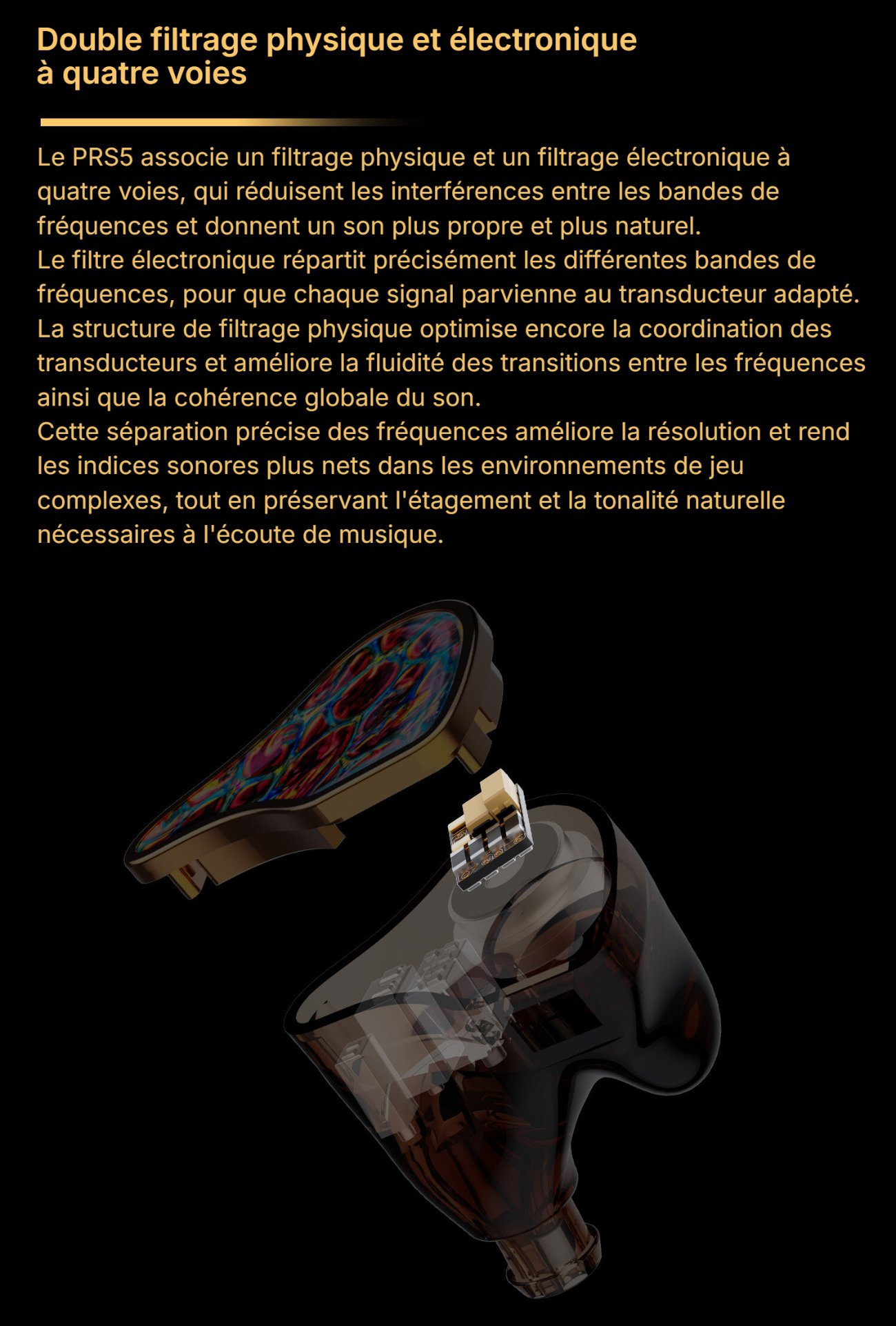 Visuel officiel DUNU PRS5 traduit : filtrage physique et électronique à quatre voies, coque en résine translucide ouverte montrant les armatures et le connecteur