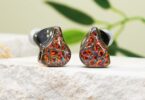 Paire d'intras DUNU PRS5 à coque en résine sombre et façades multicolores rouge et or, posée sur une pierre claire devant des feuilles de bambou