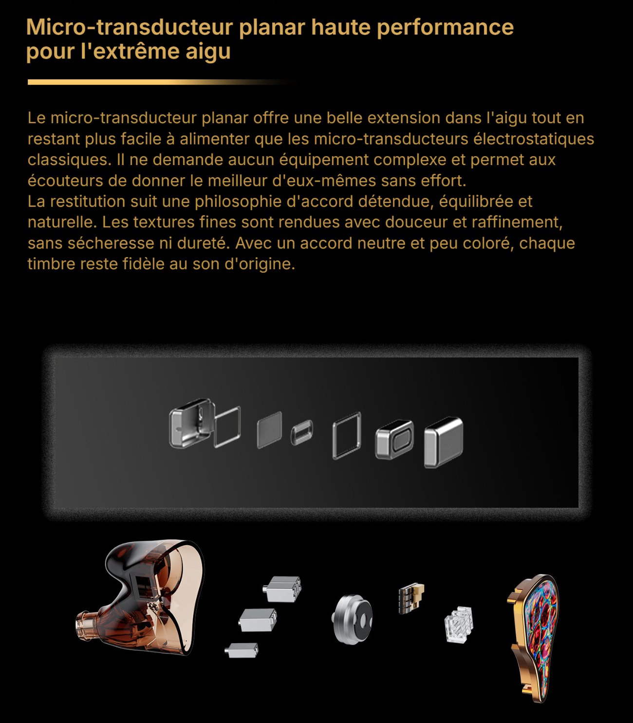 Visuel officiel DUNU PRS5 traduit : vue éclatée du micro-transducteur planar et de l'intra avec coque en résine, trois armatures équilibrées, transducteur dynamique, filtre et façade décorée