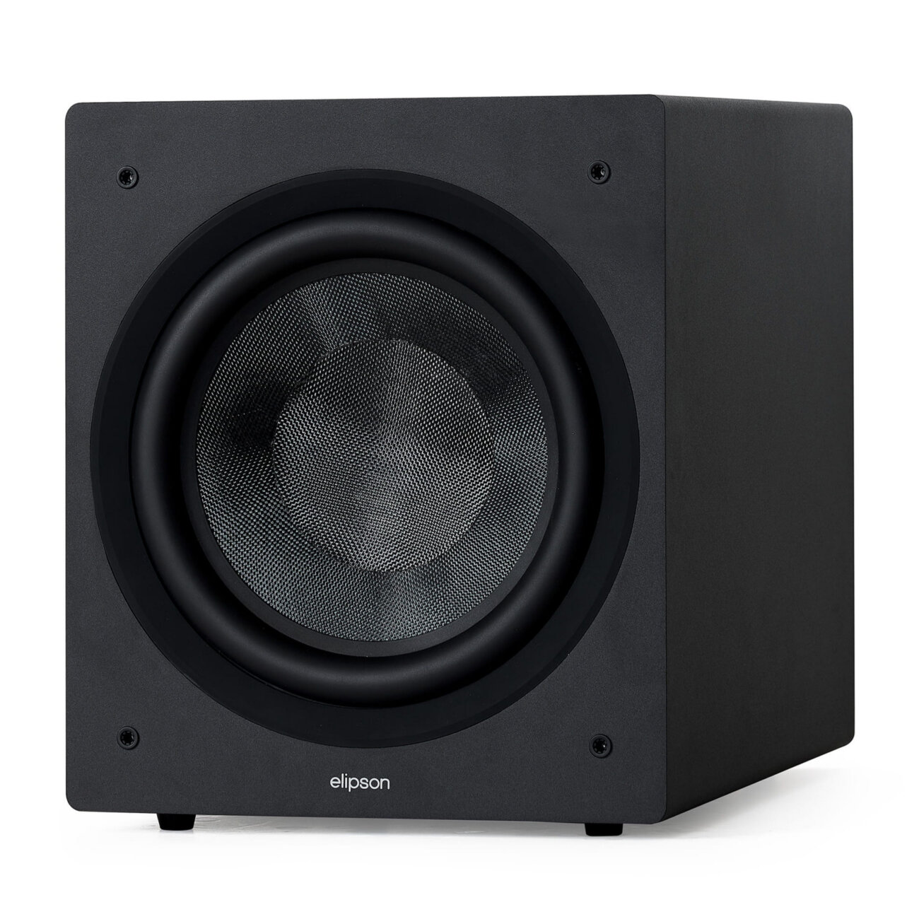 Caisson Elipson Classic Sub 12 vu de trois quarts sans sa grille : haut-parleur de 30 cm à membrane en fibre de verre tissée, large suspension et coffret noir