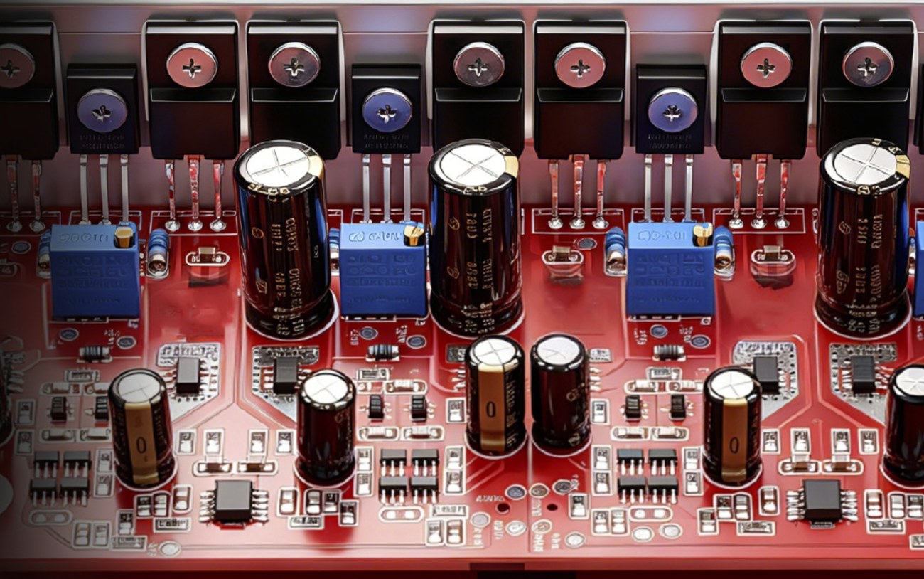 Carte d'amplification rouge du FiiO CLASS A : transistors de puissance vissés sur le dissipateur, potentiomètres de réglage bleus et condensateurs électrolytiques