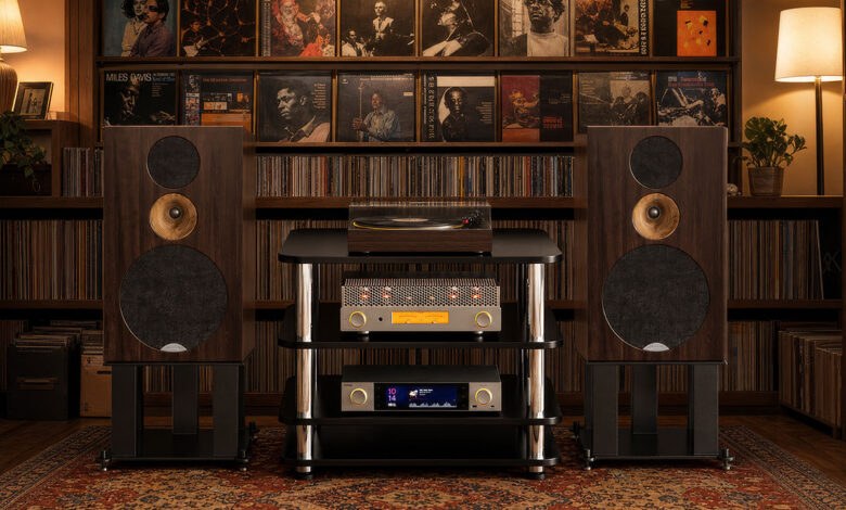 Amplificateur à tubes FiiO EA13 en finition argent sur un meuble hi-fi entre deux enceintes passives FiiO SV13 en bois foncé sur pieds, avec platine vinyle au-dessus et lecteur réseau à écran en dessous, devant une collection de vinyles