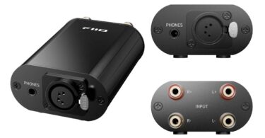 Adaptateur FiiO IMP XLR-4 noir en aluminium vu de trois quarts, face avant avec prises casque 4,4 mm et XLR 4 broches, face arrière avec quatre borniers R+ R- L+ L-