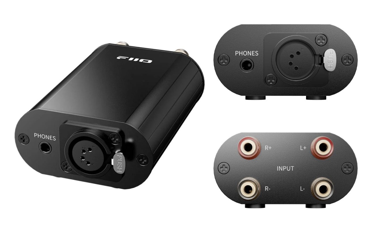 Adaptateur FiiO IMP XLR-4 noir en aluminium vu de trois quarts, face avant avec prises casque 4,4 mm et XLR 4 broches, face arrière avec quatre borniers R+ R- L+ L-