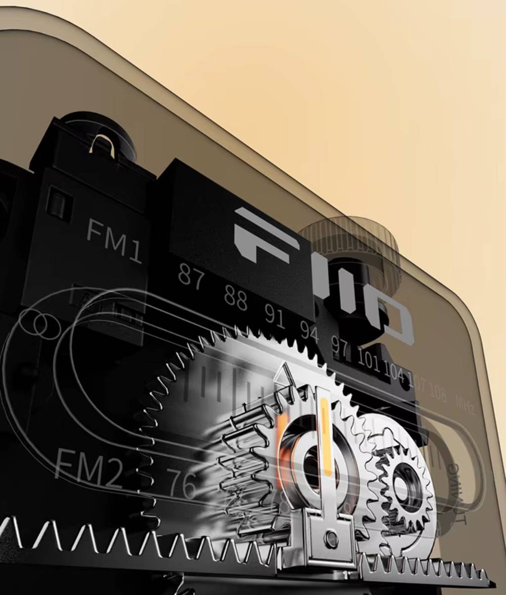 Vue en transparence du mécanisme d'accord de la radio FiiO RR13 : roue dentée, pignon et crémaillère métalliques entraînant l'aiguille à bande lumineuse orange devant l'échelle des fréquences FM1 et FM2