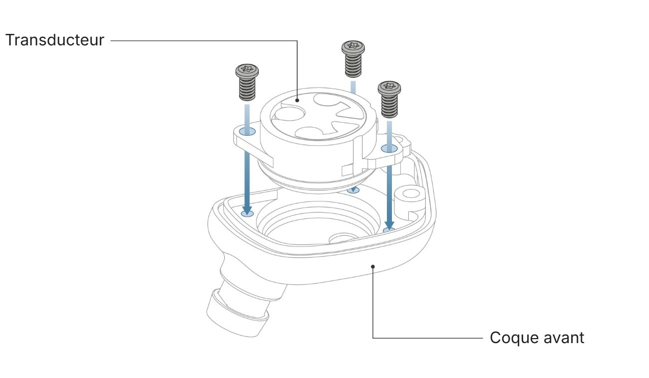 Vue éclatée officielle du final A8000 DC : transducteur dynamique fixé par trois vis sur la coque avant en acier inoxydable, sans colle
