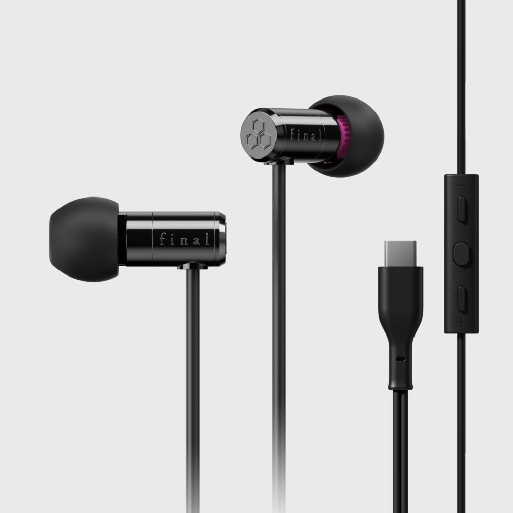 Intras final E500 USB-C noirs à coque cylindrique, câble fixe avec télécommande micro et fiche USB-C