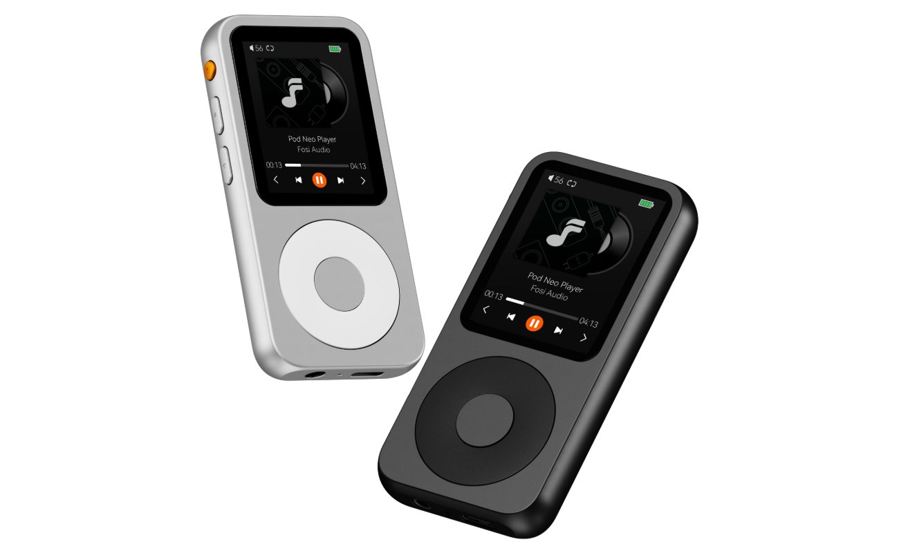 Baladeur Fosi Audio DAP Neo en finitions argent et noir, boîtier métal, écran TFT 2,4 pouces et molette de contrôle façon iPod Classic