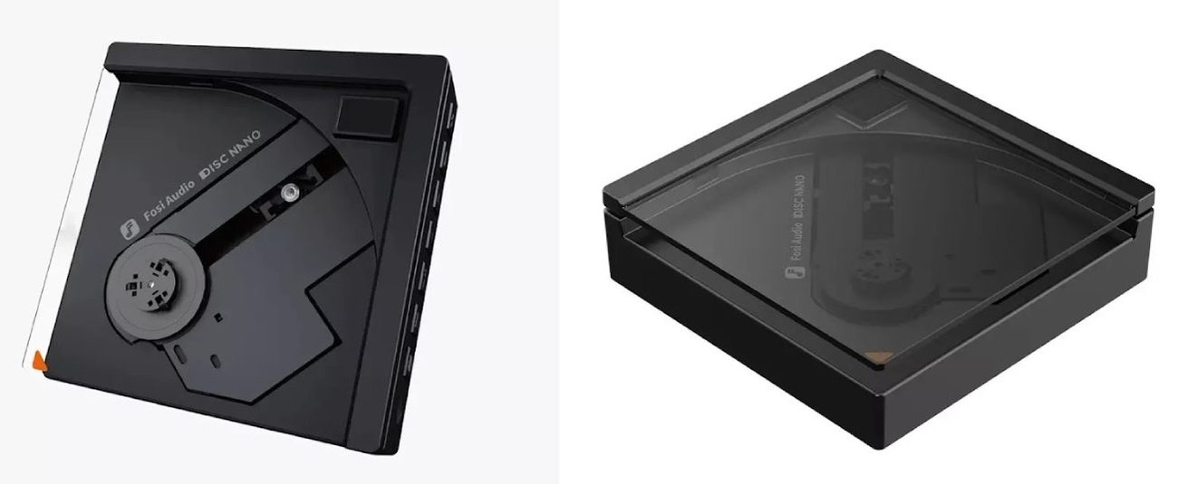 Deux vues du lecteur CD portable Fosi Audio DISC Nano en finition noire sans disque : à gauche le mécanisme apparent avec l'axe de fixation à clip et la fente du laser, à droite le boîtier fermé par son capot transparent fumé