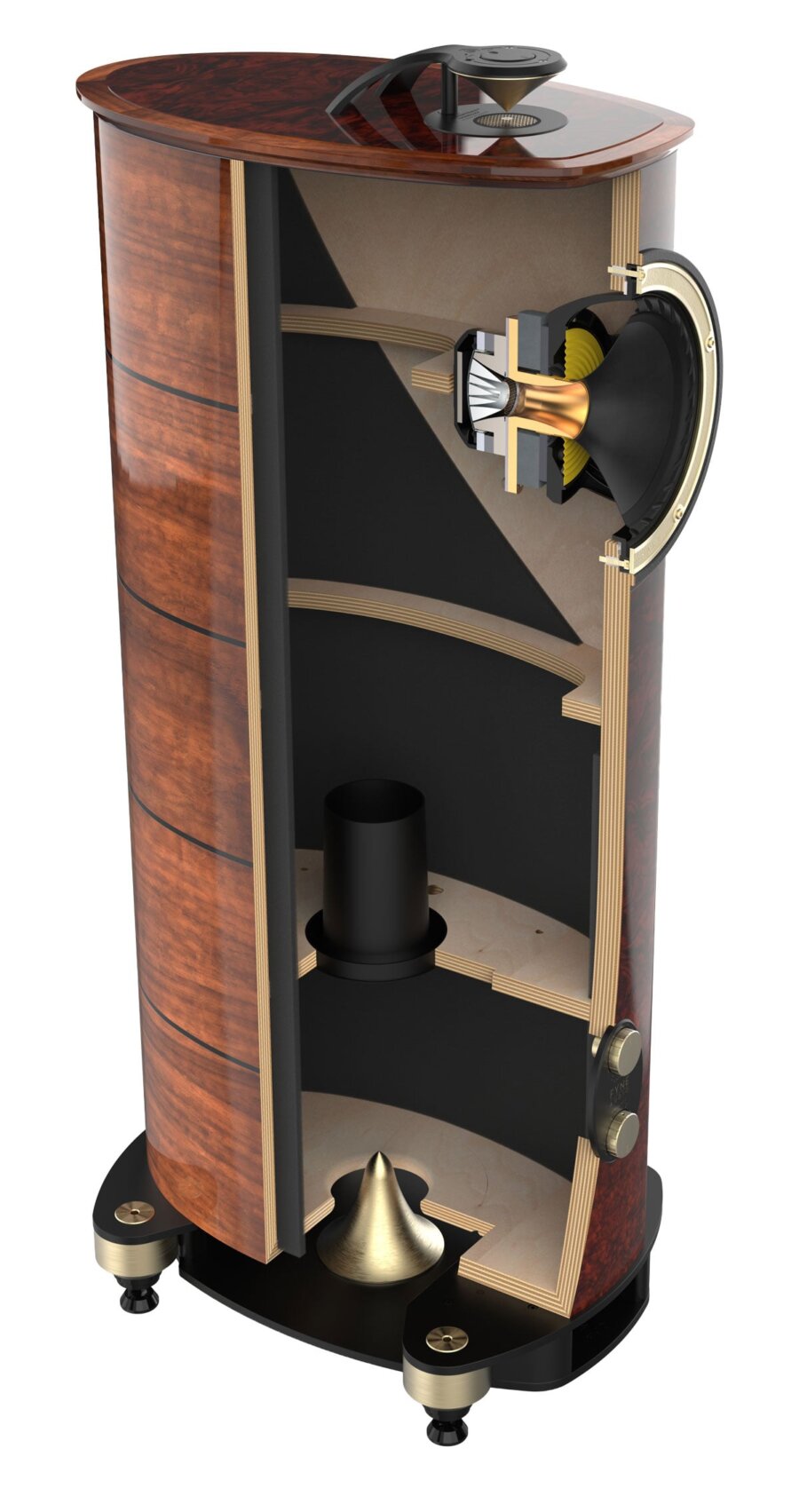 Vue en coupe de la Fyne Audio F1-10 Anniversary : coffret en contreplaqué cintré, renforts internes, haut-parleur IsoFlare, évent orienté vers le bas et diffuseur conique BassTrax dans le socle