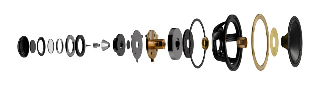 Vue éclatée du haut-parleur coaxial IsoFlare de la Fyne Audio F1-10 Anniversary : moteur et dôme du tweeter à compression, ogive de phase, pièces polaires, saladier, bague dorée et membrane du grave-médium