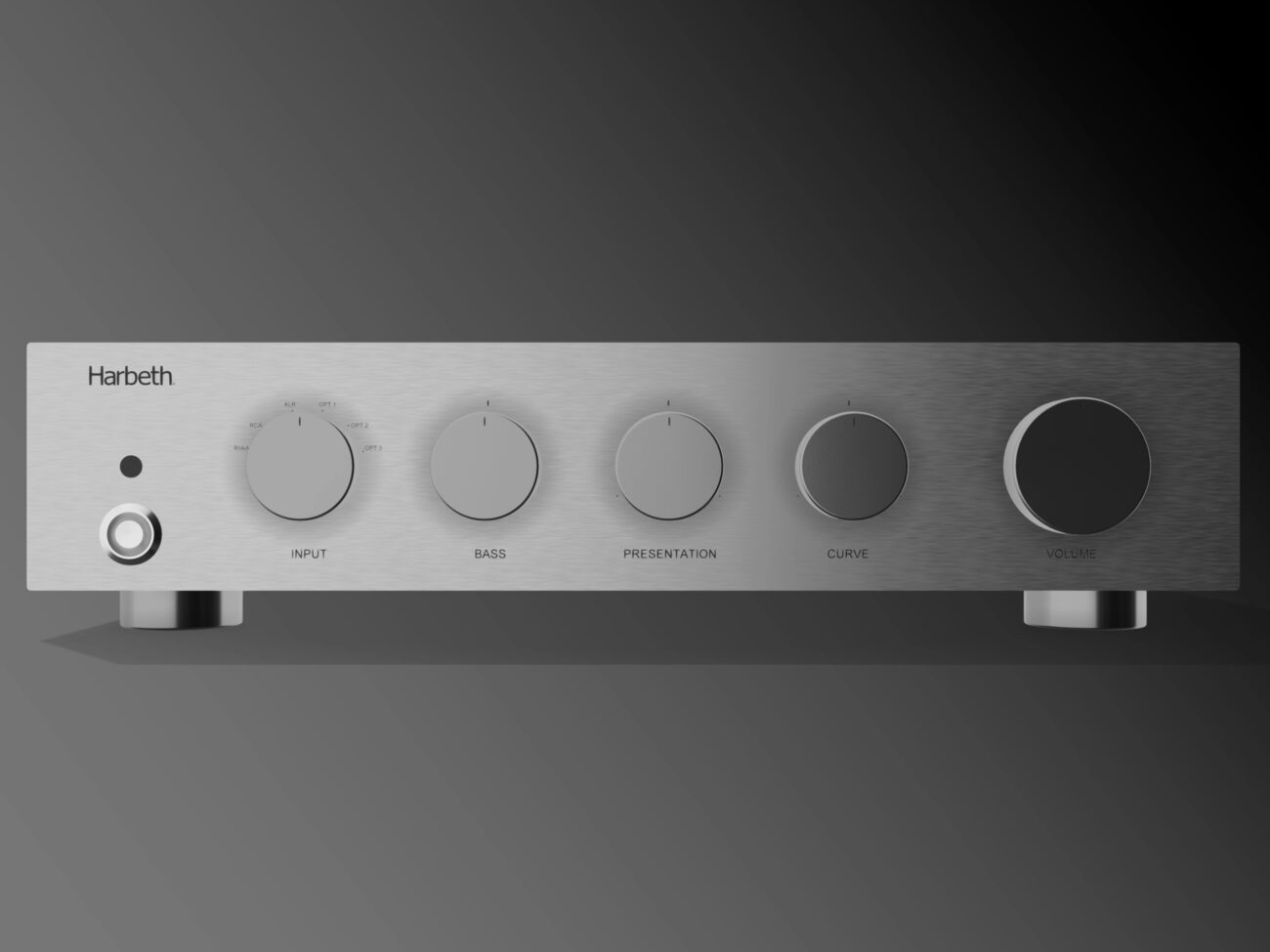 Contrôleur DSP Harbeth NLE-3 en aluminium brossé avec sélecteur d'entrées RIAA, RCA, XLR, OPT 1 à 3 et boutons BASS, PRESENTATION, CURVE et VOLUME