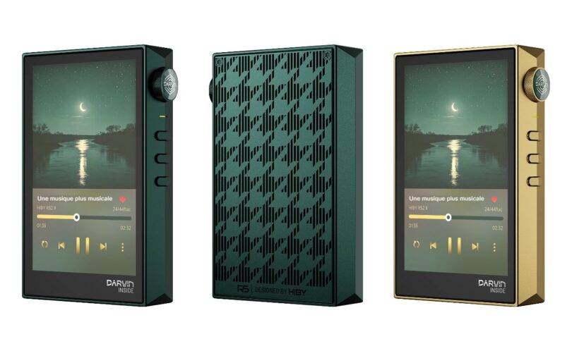 Baladeur HiBy RS2 II en aluminium vert vu de face et de dos avec motif pied-de-poule, et édition limitée en laiton doré, écran tactile 3,55 pouces et molette de volume