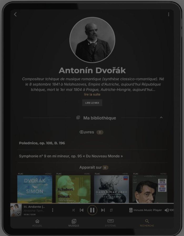 Application Innuos Sense 26 sur tablette : page du compositeur Antonín Dvořák avec biographie, bouton de mix, liste des œuvres de la bibliothèque et albums où il apparaît