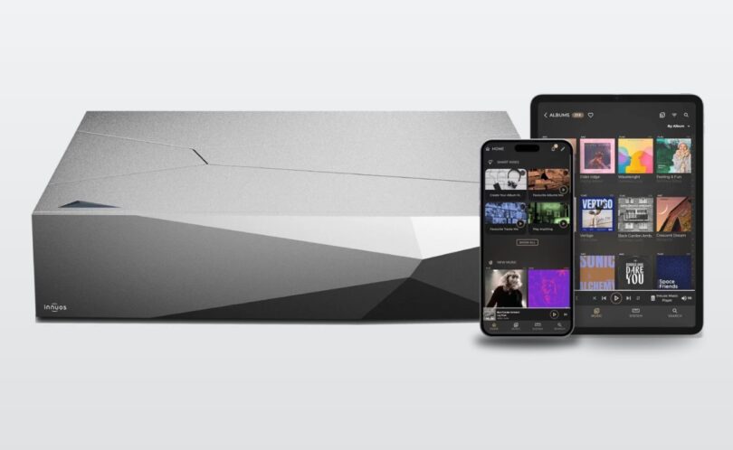 Serveur audio Innuos ZEN en aluminium à facettes avec smartphone et tablette affichant l'application Innuos Sense