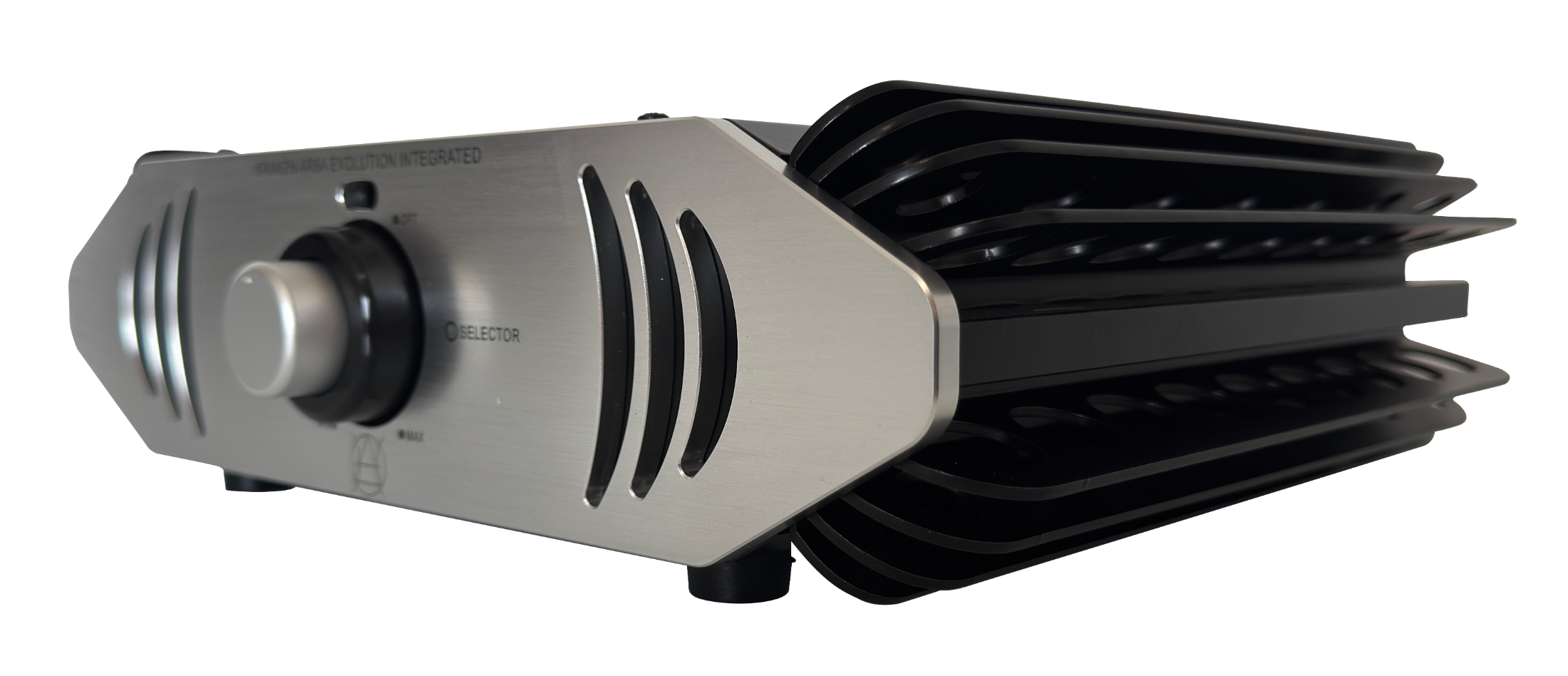 Amplificateur intégré Audio Resurgence Kraken AR6A Evolution en aluminium, vue de trois quarts avec sélecteur d'entrées et volume concentriques