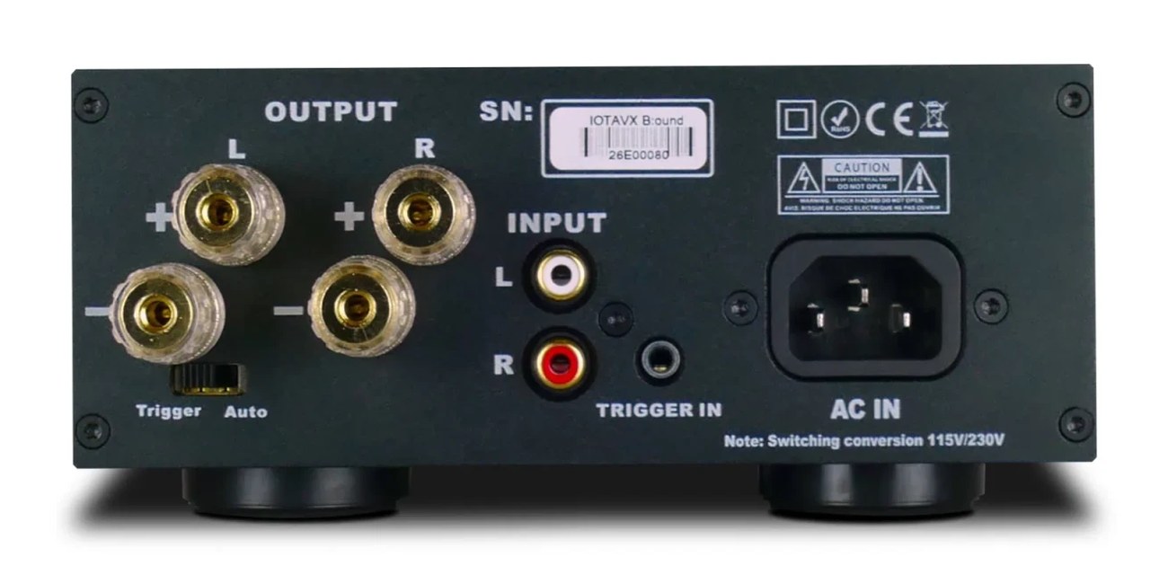 Face arrière de l'ampli de puissance IOTAVX B:ound : deux paires de borniers enceintes dorés, entrées RCA gauche et droite, entrée trigger jack, sélecteur Trigger ou Auto et prise secteur IEC