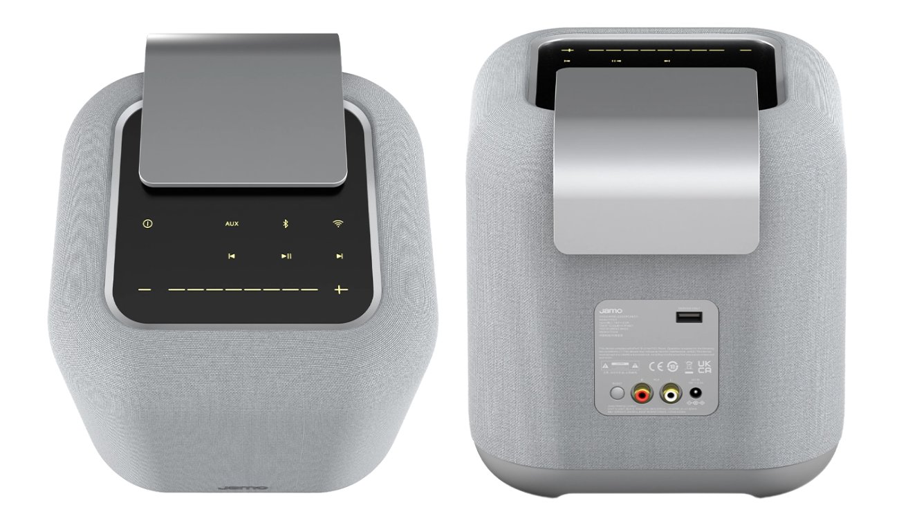Jamo HYG 5 gris clair vue de dessus avec le panneau de commandes tactiles et vue de dos avec la plaque de connexion : entrée ligne RCA et prise de service