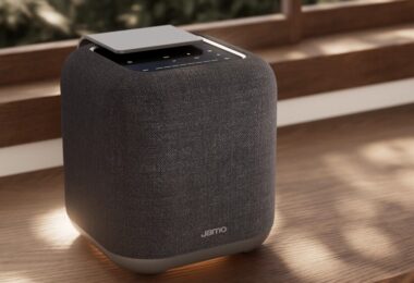 Enceinte connectée Jamo HYG 5 coloris gris foncé, cube habillé de tissu avec dessus en aluminium et commandes tactiles, posée sur une étagère en bois devant une fenêtre