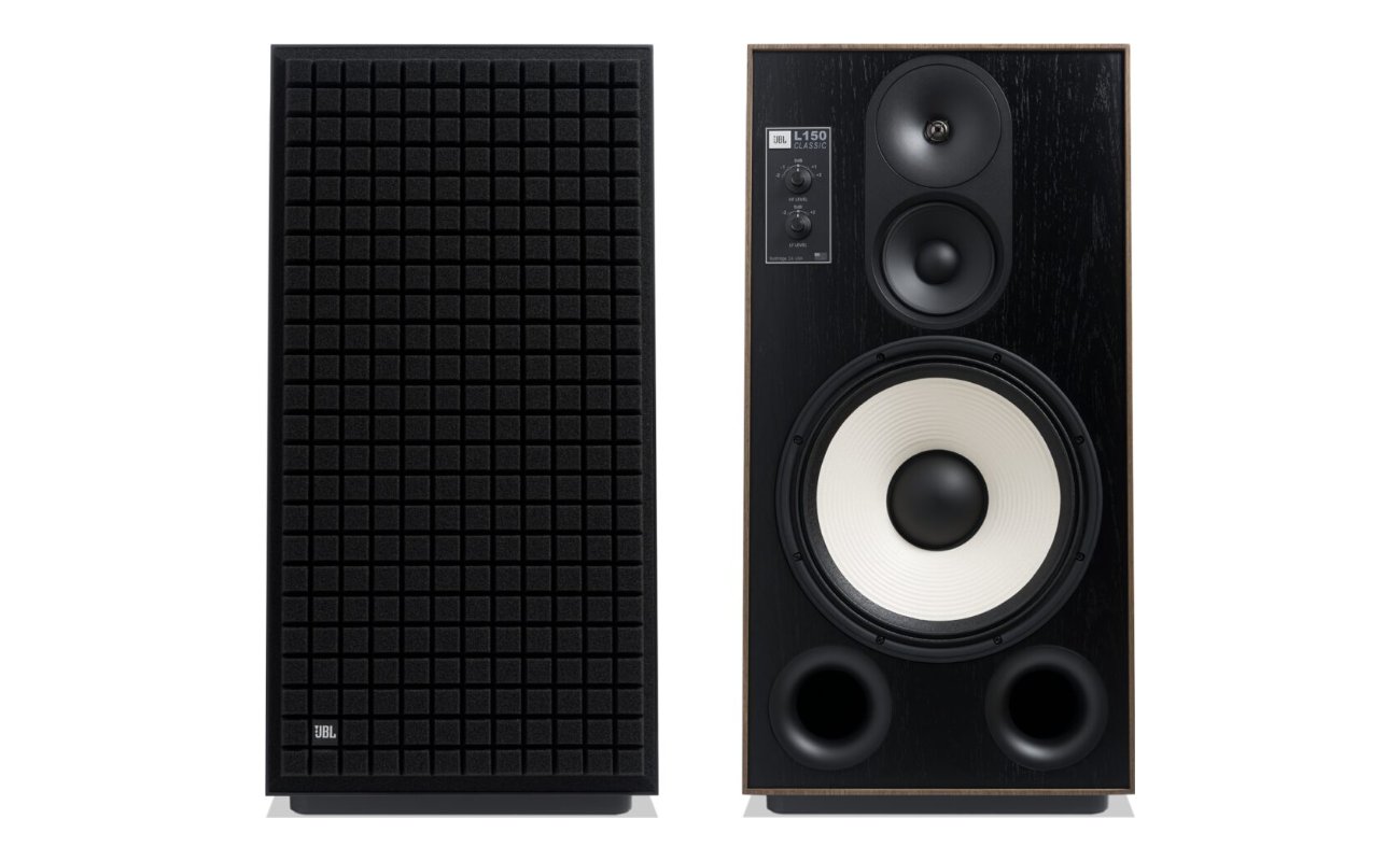 Paire de colonnes JBL L150 Classic finition noire avec et sans grille Quadrex, boomer blanc de 380 mm, médium et tweeter titane