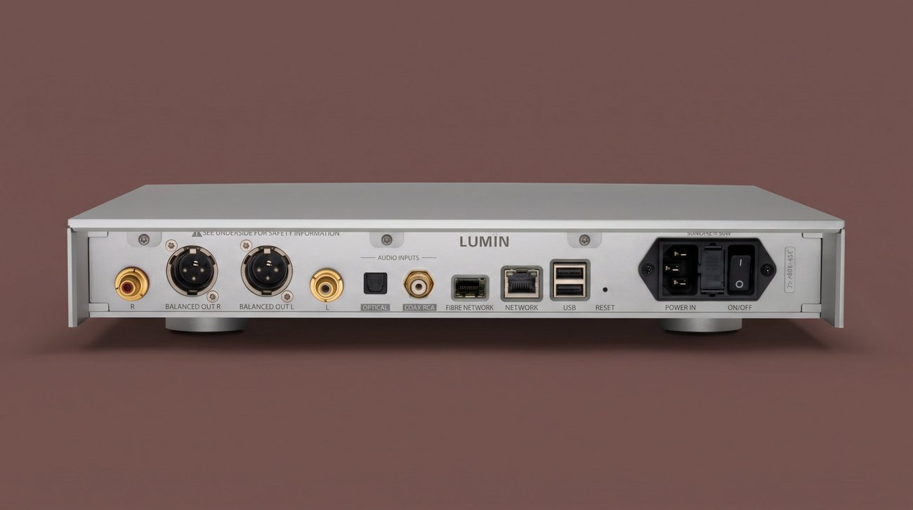 Panneau arrière du Lumïn S2 argent : sorties XLR et RCA, entrées numériques optique et coaxiale, port fibre SFP, Ethernet, deux USB et prise secteur avec interrupteur