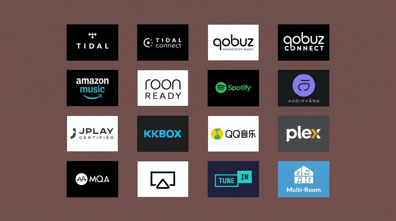 Logos des services et protocoles de streaming compatibles avec le lecteur réseau Lumïn S2 : TIDAL Connect, Qobuz Connect, Spotify Connect, Amazon Music, Roon Ready, AirPlay, Audirvāna, JPLAY, KKBOX, QQ Music, Plex, TuneIn et MQA