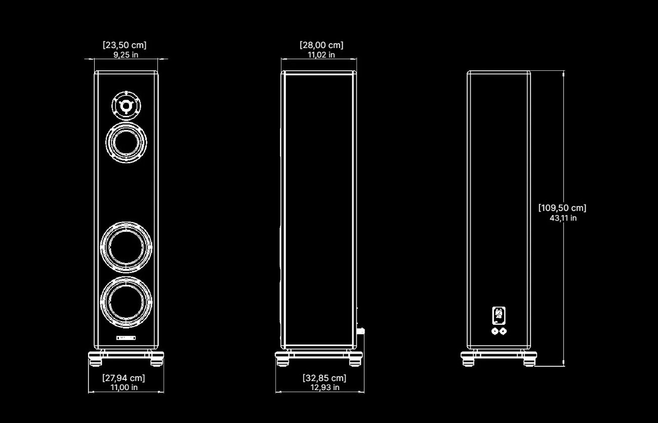 Plan coté de la Magico A3 2027 : coffret de 23,5 cm de large et 28 cm de profondeur, base de 27,94 x 32,85 cm, hauteur 109,5 cm