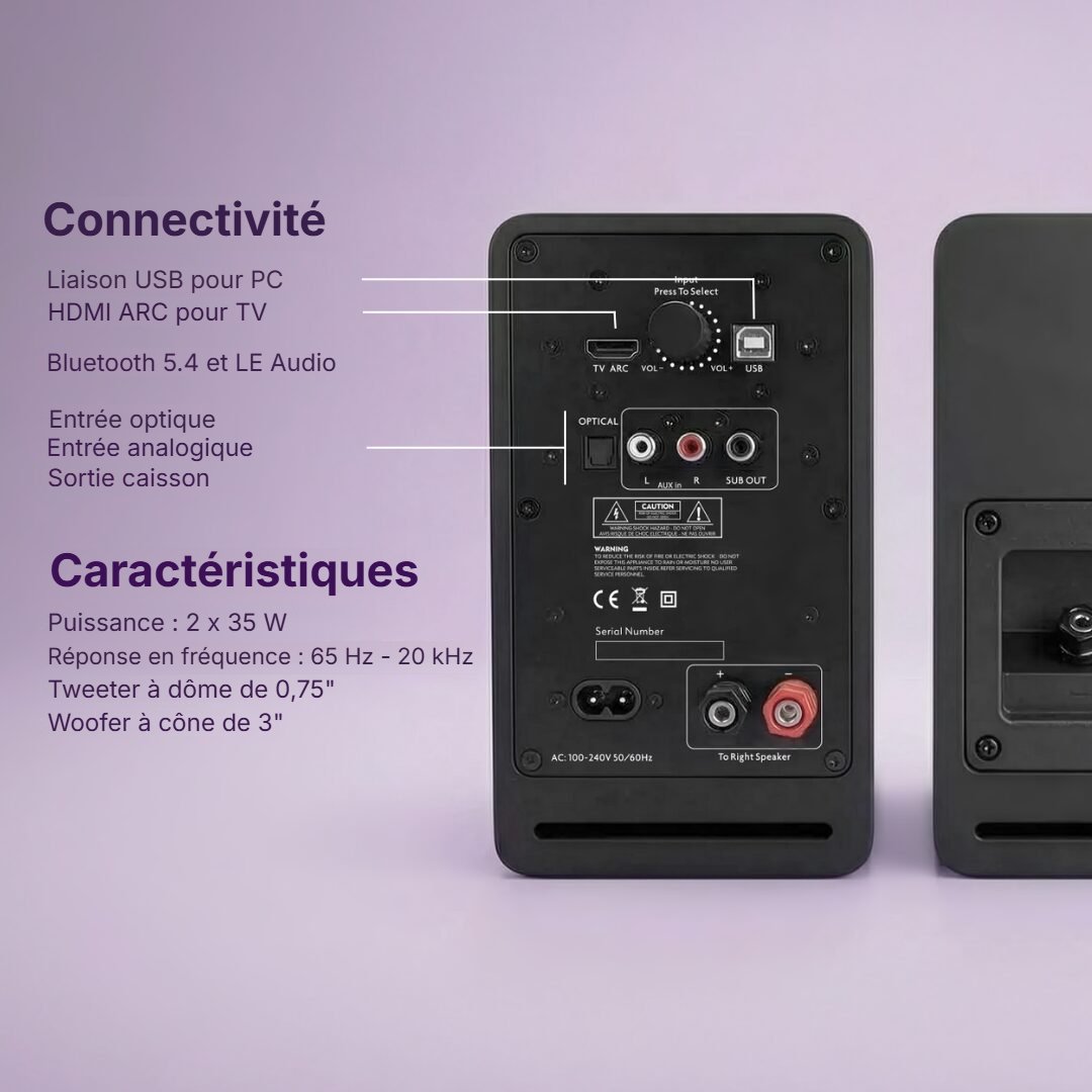 Infographie Marmitek traduite en français : face arrière des Soundex S300 avec liaison USB pour PC, HDMI ARC pour TV, Bluetooth 5.4 et LE Audio, entrées optique et analogique, sortie caisson, puissance 2 x 35 W, réponse 65 Hz - 20 kHz