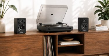 Paire d'enceintes actives Marmitek Soundex S300 noires, tweeter à dôme et woofer de 3 pouces, posées de part et d'autre d'une platine vinyle sur un meuble en bois clair